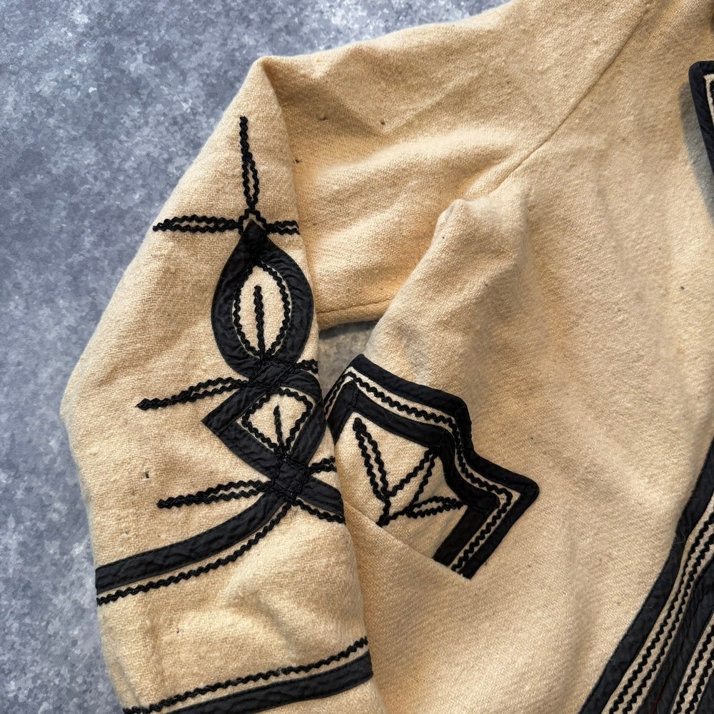 Vintage Soutache Embroidered Wool Jacket Beige Black Western Boho Cropped Blazer - Picture 6 of 9